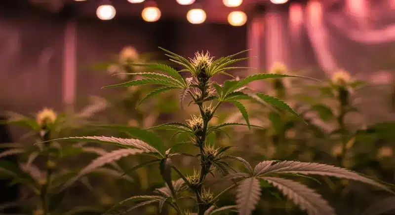 Planta de Pinkman Goo en su primera fase de floración, cultivada en interior bajo luces rosadas que favorecen un desarrollo compacto.