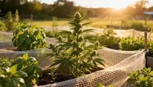 Pineapple Autoflower en jardín exterior con malla protectora.