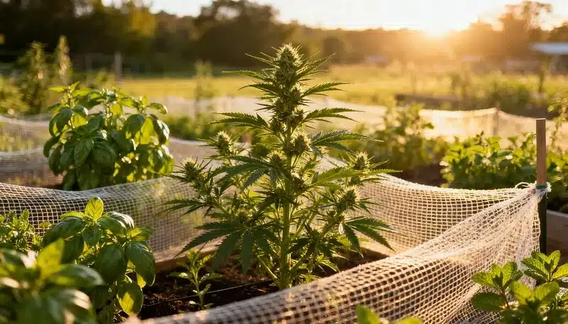 Pineapple Autoflower en jardín exterior con malla protectora.