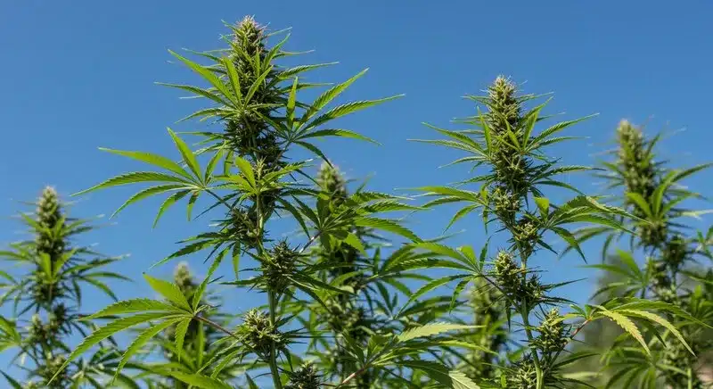 Red Kush Auto cultivada en exterior, con varias plantas autoflorecientes en fase de floración, estructura compacta, hojas alargadas y cogollos en formación, adaptadas a cultivos al aire libre y ciclos cortos.