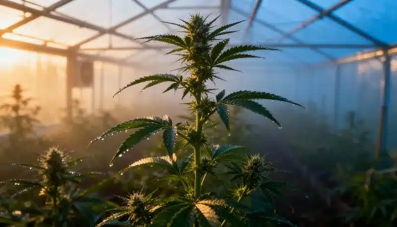 Planta de cannabis en invernadero con humedad matinal y luz ambiental, cómo el cultivo basado en datos en el cannabis optimiza clima, riego y salud vegetal en exterior protegido.