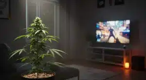 Planta de cannabis en un salón con un videojuego en la TV.