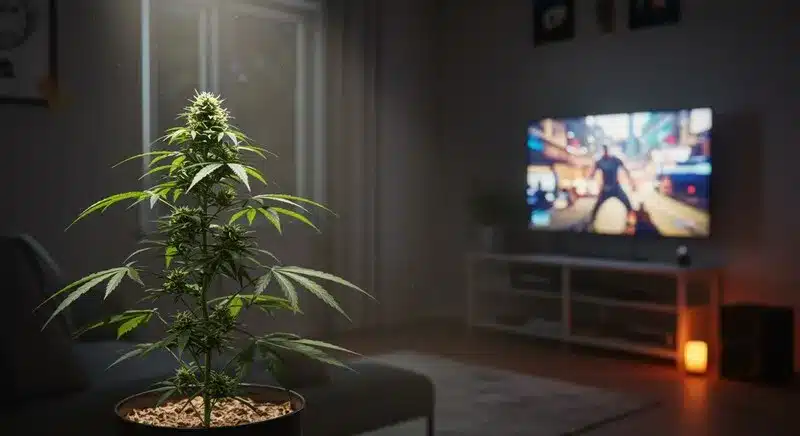Planta de cannabis en un salón con un videojuego en la TV.