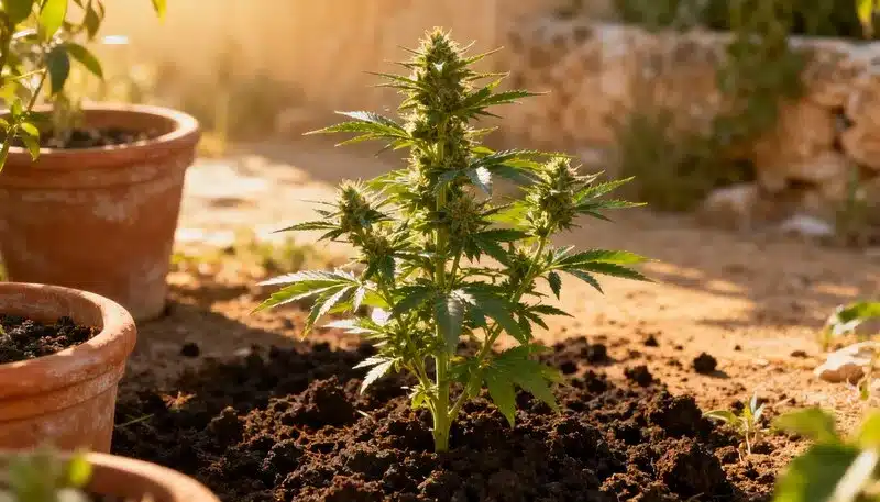 Planta de Pure Haze cultivada directamente en tierra, bajo sol natural, desarrollo sano y estructura compacta ideal para exterior.