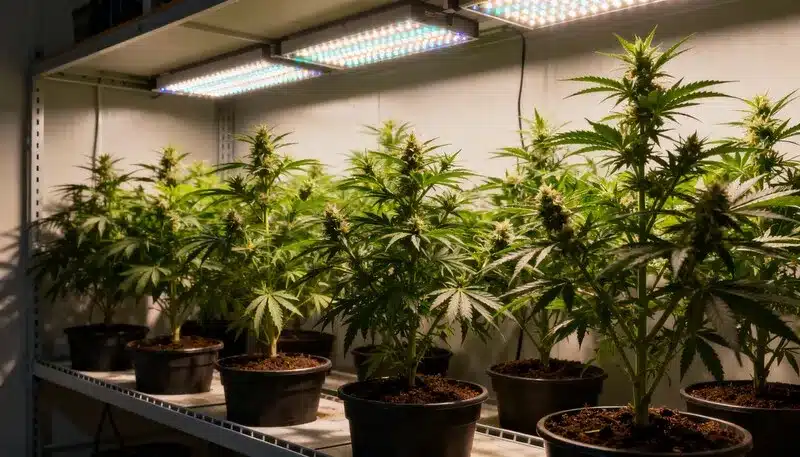 Plantas de cannabis en macetas bajo luces LED, en estantería interior.