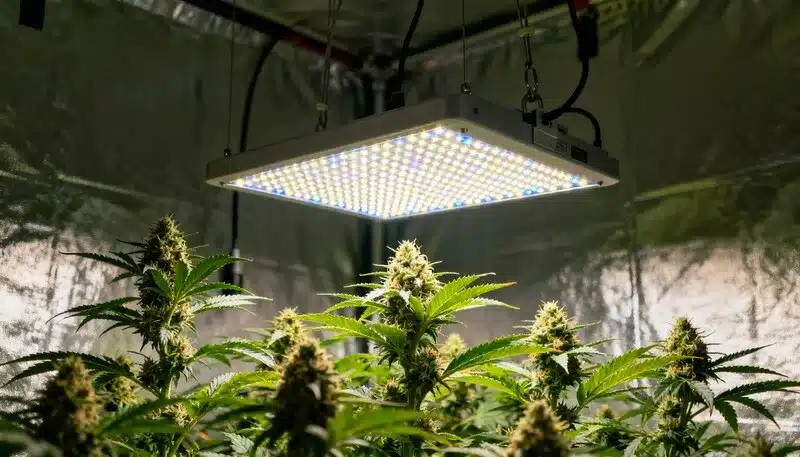 Pineapple Kush Regular en cultivo interior bajo panel LED.