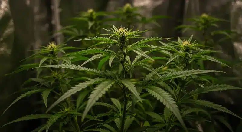Plantas de cannabis en floración en un cultivo interior con luz artificial.