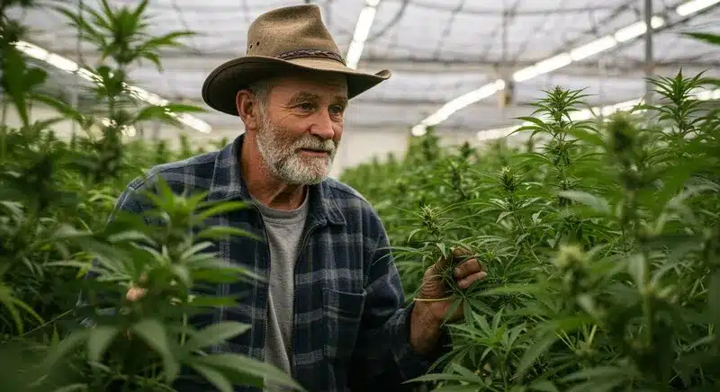 Cultivador revisando plantas en un invernadero en casa