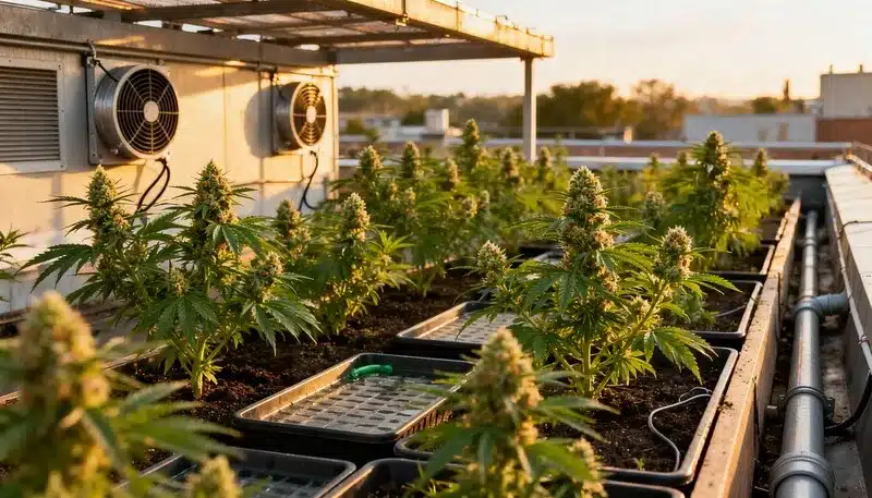Cultivo de cannabis en la azotea al atardecer, con ventiladores y sistema de circulación de aire instalados.