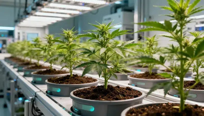 Plantas jóvenes de cannabis bajo luces LED uniformes en un cultivo tecnificado, cómo la iluminación de precisión en el cannabis optimiza el crecimiento y vigor desde etapas tempranas.