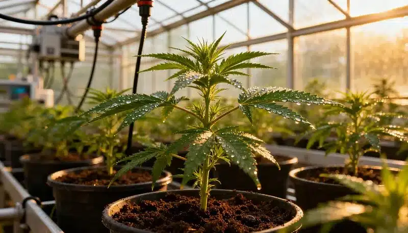 Tecnología para el cultivo de cannabis en casa con riego automático.