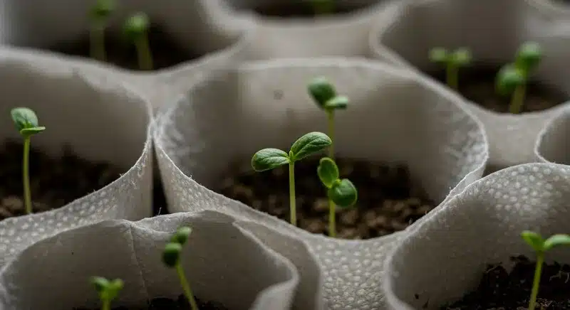 Plántulas de Papaya brotando en una bandeja de germinación, mostrando cotiledones sanos y un inicio de crecimiento uniforme ideal para un cultivo fuerte desde las primeras etapas.