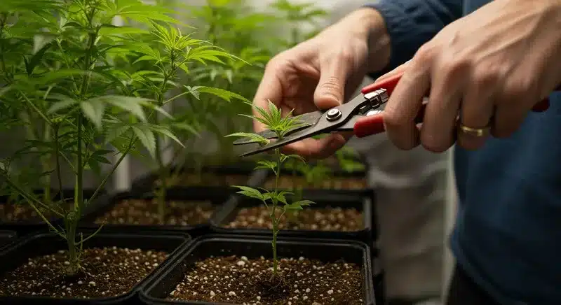 Poda manual de una planta joven de OG Kush CBD (1:15) en fase vegetativa, realizada para mejorar la estructura y promover un crecimiento más ramificado.