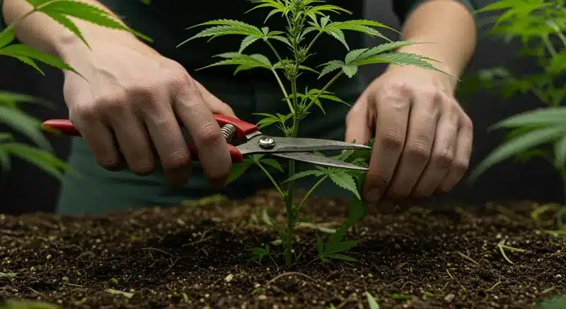 Poda manual de una planta joven de Orange Bud para mejorar la estructura y estimular un crecimiento más ramificado durante la fase vegetativa.