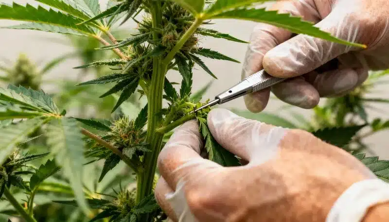 Cultivador podando una planta Oregon Peach con guantes y herramienta, retirando brotes y hojas para mejorar la ventilación y la calidad de los cogollos.