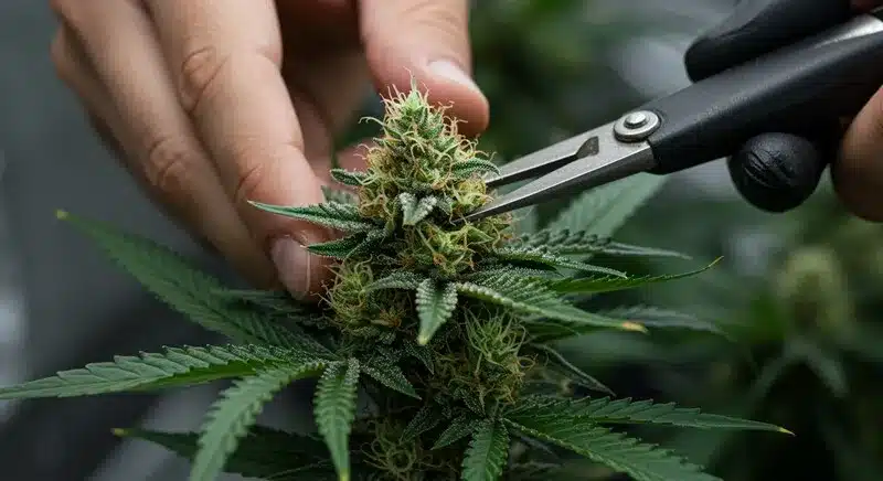 Proceso de manicura de un cogollo de Orange Cake en plena floración, mostrando flores resinosas, pistilos naranjas y un trabajo preciso de poda.