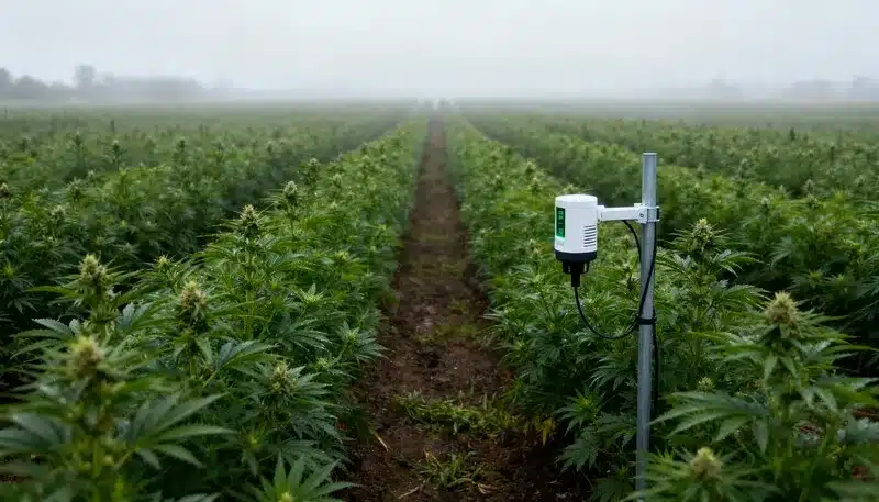 Extenso campo de Pure Indica creciendo en hileras, acompañado por un sensor ambiental que monitoriza humedad y clima para optimizar el cultivo exterior.
