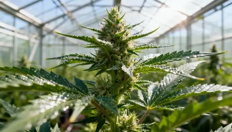 Planta de Purple Gelato en invernadero iluminado por el sol, con una flor cubierta de resina y gotas de agua que destacan su frescura y buen desarrollo.