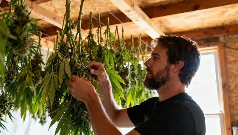 Un cultivador cuelga y retoca ramas de Oregon Peach en una sala de secado interior, donde los cogollos maduran lentamente para conservar aroma, resina y sabor.