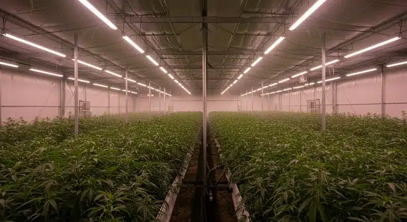 Gran sala de cultivo interior con riego con sensores en el cannabis, donde la humedad y el caudal se controlan automáticamente para mantener una hidratación uniforme en plantas de alta densidad.