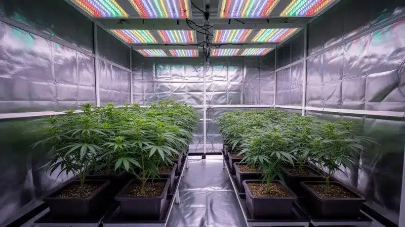 Rock Start en cultivo interior, con múltiples plantas en maceta desarrollándose de forma uniforme bajo iluminación LED, una estructura equilibrada, hojas sanas y un crecimiento controlado típico de entornos indoor optimizados.