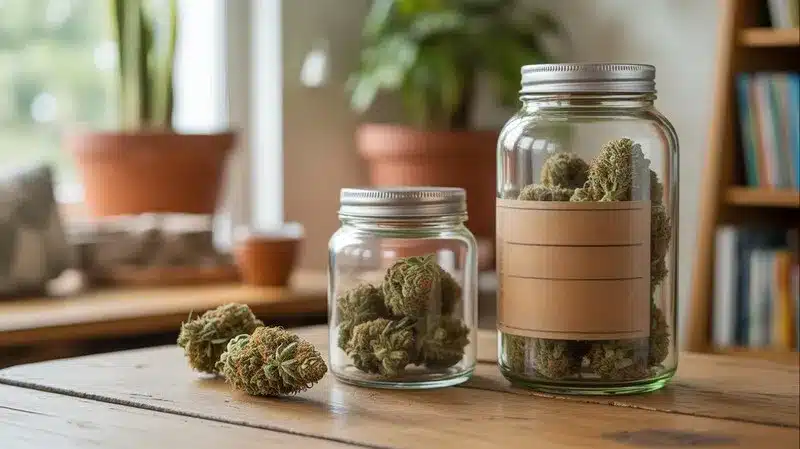 Cogollos secos de Northern Lights x Cream Auto almacenados en frascos de vidrio, listos para el proceso de curado y conservación en interior.