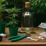 Cannabis en el Reino Unido: Semillas y plántulas con utensilios de cultivo.