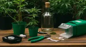 Cannabis en el Reino Unido: Semillas y plántulas con utensilios de cultivo.