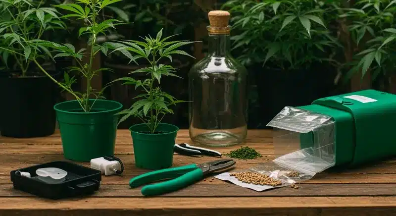 Cannabis en el Reino Unido: Semillas y plántulas con utensilios de cultivo.