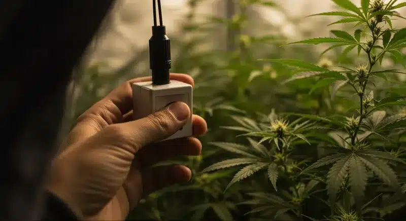 Sensor entre plantas de cannabis en un cultivo interior.