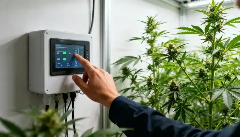 Sistema automático para cultivar marihuana en casa mediante un panel digital que regula luz, clima y parámetros esenciales para un crecimiento estable.