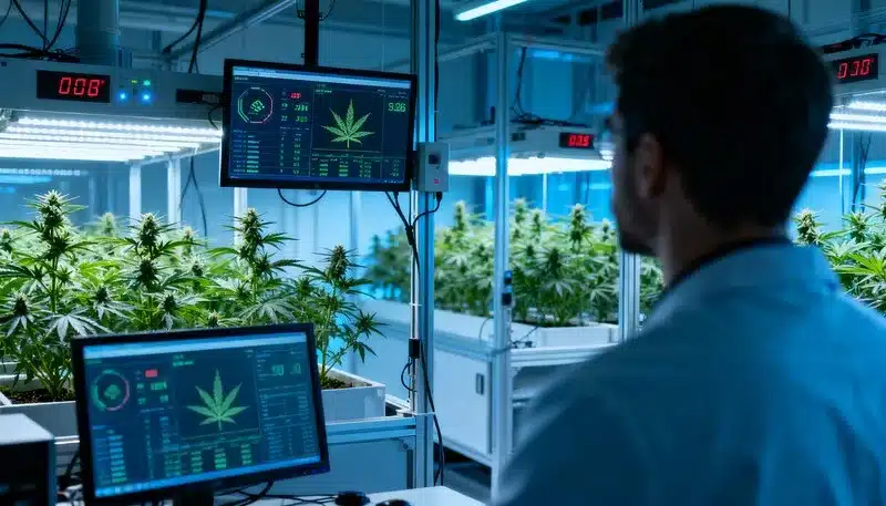 Sistema de cultivo automatizado de cannabis con monitoreo digital.