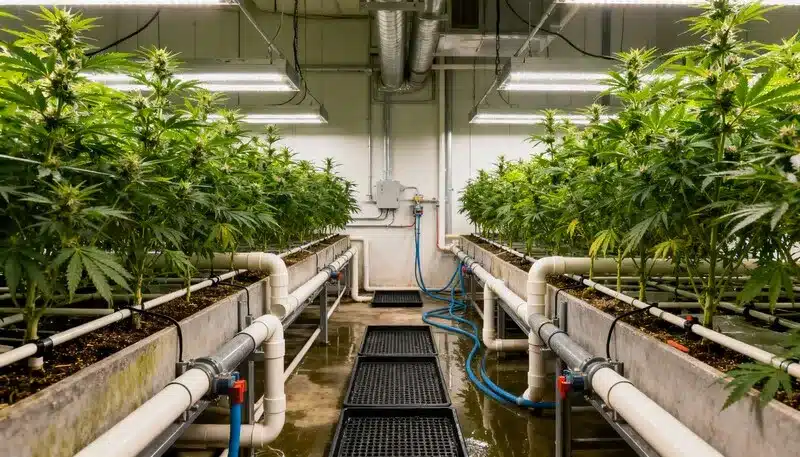 Cultivo interior con un sistema de riego automatizado y drenaje preciso, reflejando prácticas que optimizan la eficiencia del agua en el cannabis.