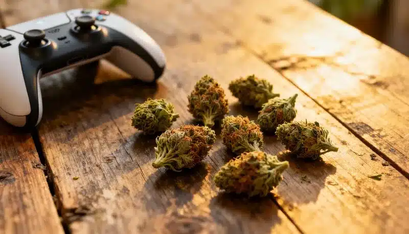 Cogollos de cannabis junto a un mando de videojuegos, representando Las mejores variedades de cannabis para videojuegos en casa para una experiencia óptima.
