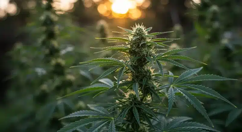 Planta de cannabis creciendo en un entorno controlado, ideal para comprar caja de cultivo Annaboto y cultivar en interior con luz, ventilación y condiciones óptimas.