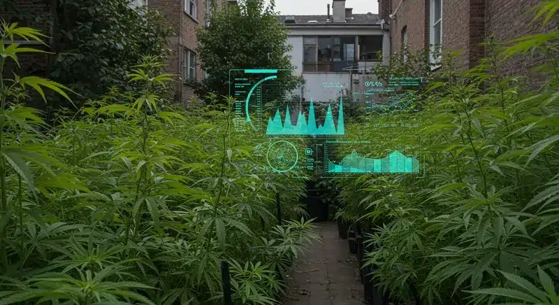 Gráficos digitales sobre un cultivo exterior de cannabis muestran datos clave del crecimiento. Annaboto facilita un seguimiento preciso en tiempo real.