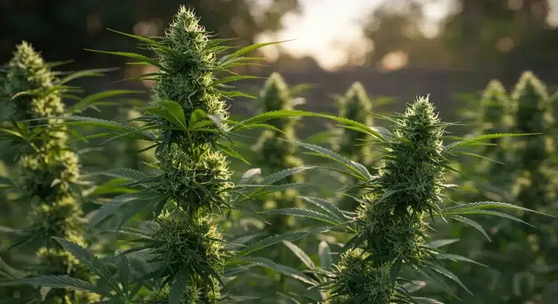Plantas de cannabis en plena floración cultivadas al aire libre, variedades refrescantes de cannabis para el verano por su adaptación al clima cálido.