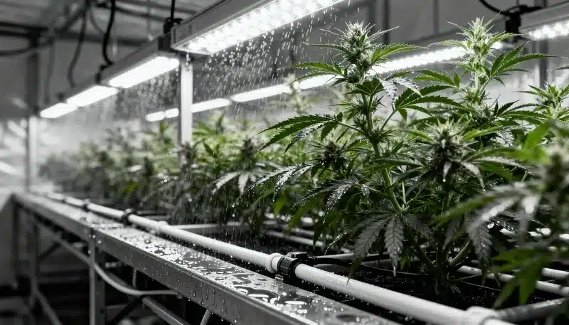 Sistema de riego automático aplicado directamente sobre plantas de cannabis en interior, flujo uniforme de agua bajo luces LED para optimizar hidratación y crecimiento.