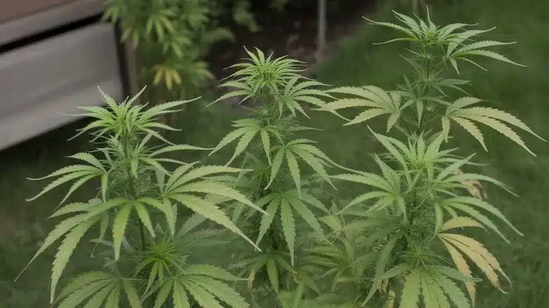 Plantas de cannabis cultivadas en exterior durante la fase vegetativa, variedades refrescantes de cannabis con sabor a menta por su crecimiento natural.