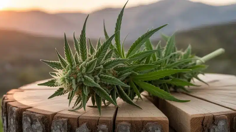 Cogollo de cannabis recién cosechado con estructura compacta y hojas verdes, variedades de menta para aliviar la ansiedad y aportar sensaciones calmantes.