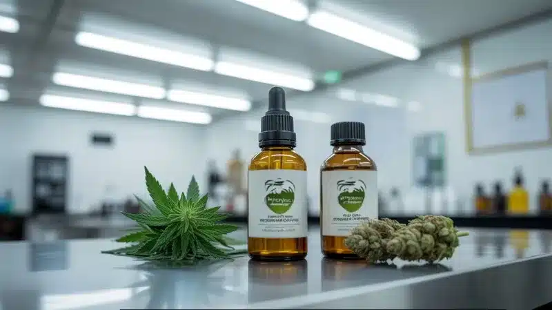 Aceites y flor de cannabis en un entorno de laboratorio, los tipos de terpenos de menta en el cannabis y su obtención mediante procesos de extracción controlados.