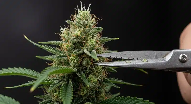 Monkey OG en proceso de manicurado con cogollo resinoso.