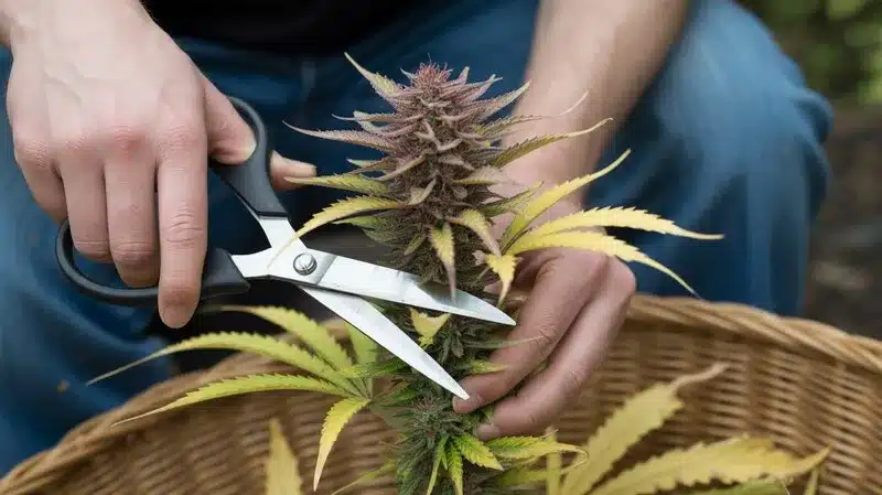 Purple Sunset Auto, donde se observa un cogollo compacto siendo cortado a mano, con hojas propias de la fase final de maduración, indicativo de una autofloreciente lista para recolección.