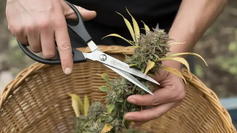 Red Devil Auto, cogollos maduros siendo cortados a mano, con hojas amarillentas propias de la maduración final y flores densas, indicativo de un ciclo autofloreciente completo y listo para recolección.