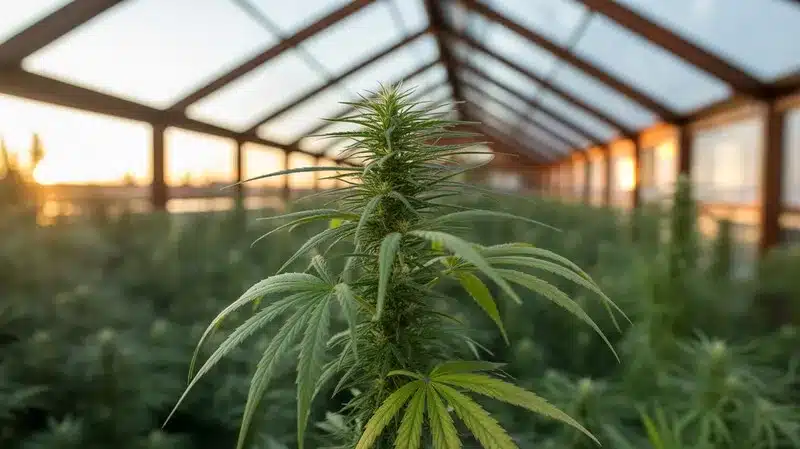 Planta de cannabis creciendo en invernadero con luz natural, perfecta para representar variedades con mayor nivel de THC y control ambiental del cultivo.