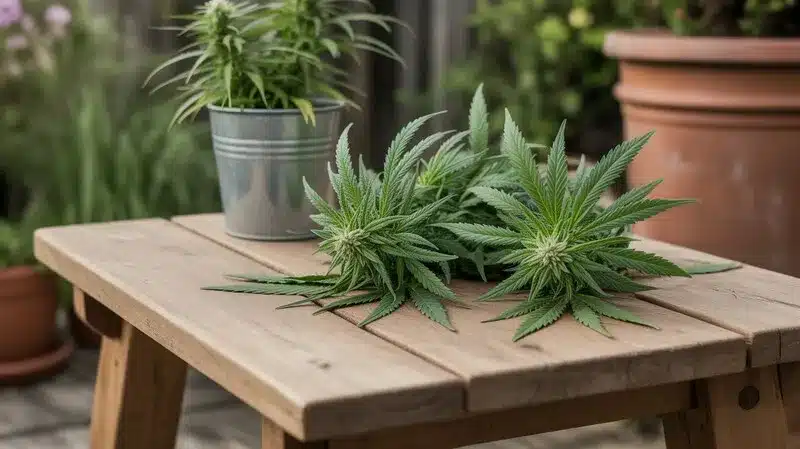 Plantas de cannabis colocadas sobre una mesa de madera tras la cosecha, cruces únicos con genética de variedades de menta y perfiles aromáticos frescos.