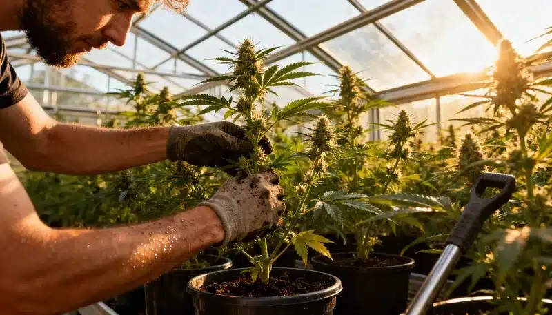 Cultivador ajustando una planta de Purple Punch en plena floración dentro de un invernadero. Los cogollos densos y resinosos destacan bajo la luz natural del atardecer.
