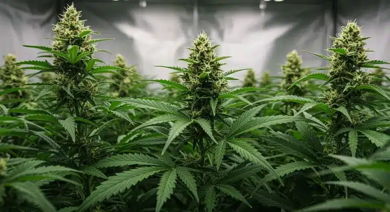 Plantas de cannabis en floración cultivadas en interior, las mejores por su desarrollo equilibrado y perfil aromático ligero.