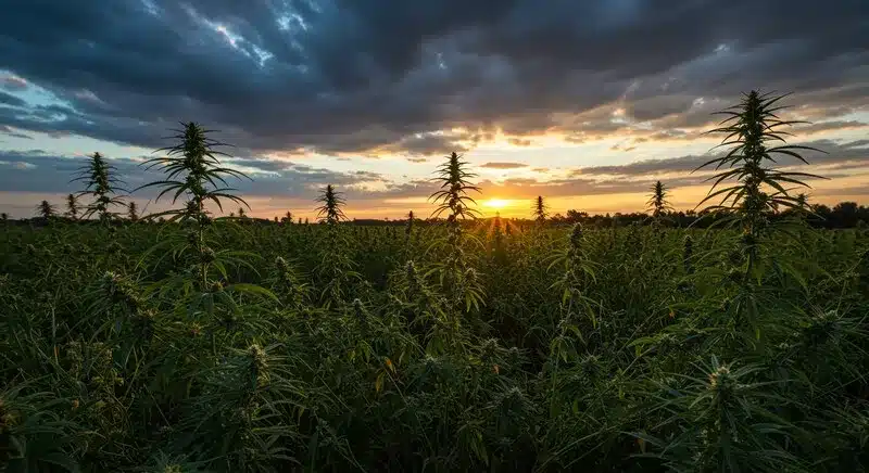 Plantas de cannabis cultivadas al aire libre al atardecer, cannabis un aroma mentolado según la genética y las condiciones ambientales.