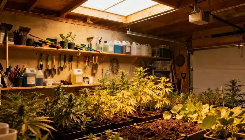 Cultivo interior en un taller con luz cenital y plantas organizadas. Guía para elegir la mejor caja de cultivo de cannabis para optimizar espacios domésticos.